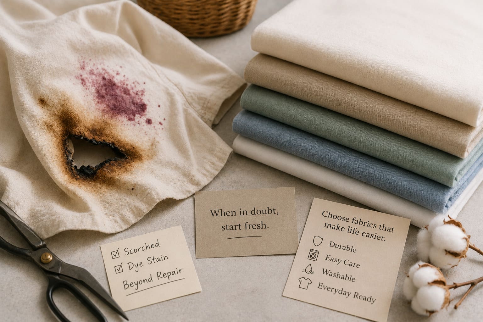 Damaged fabric beside fresh folded cotton fabrics showing when replacement is the best option